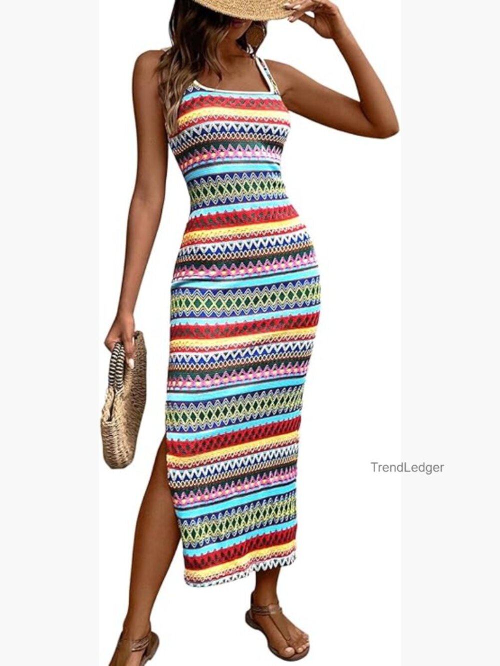 Women's Boho Square Neck Sleeveless Maxi Dress with Side Slit - Picture 1 of 7